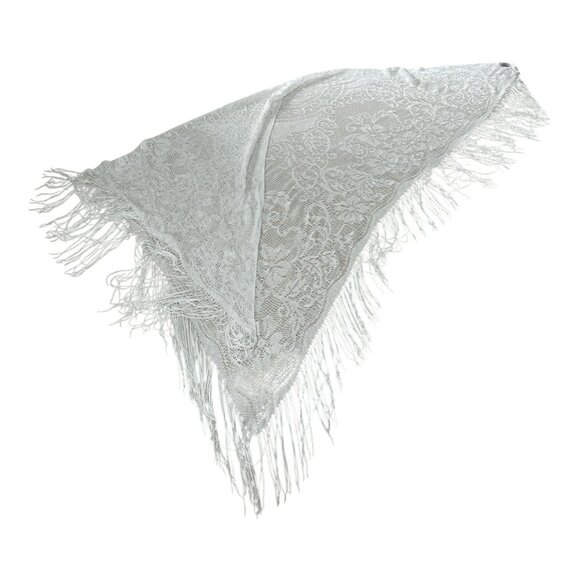 Vintage 1980s White Lace Fringe Shawl – Made in Japan – 60% Rayon 40% Nylon Tria - Picture 3 of 6